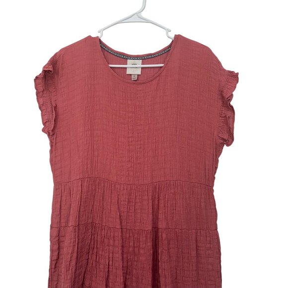 Knox Rose Women SZ M Ruffle Short Sleeve Tiered Mini Dress Rust Pink Rayon Blend - Picture 9 of 12
